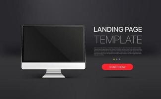 Promo landing page template with modern computer. Template with sample text and button vector