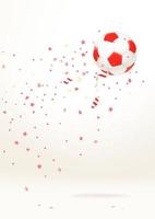 Balón de fútbol rojo y blanco con confeti sobre fondo blanco. vector