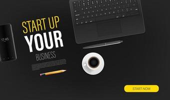 Start up your business promo landing page template with laptop and sample text. Top view vector layout