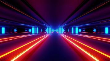 Abstract 3d illustration of tunnel with glowing lines and blocks photo