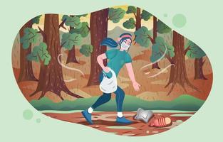 A Girl Picking Up Trash in The Forest vector