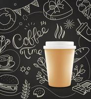 Coffee cup with doodling elements. Cafe menu desing vector template