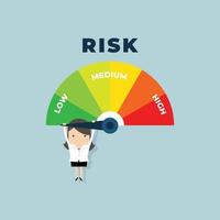 Businesswoman hanging on a risk meter. Risk on the speedometer is high, medium, low. vector