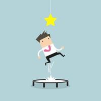 Businessman trying to catch the star by jumping on trampoline. vector