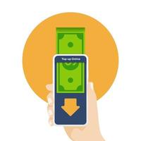 Top up money to online application on mobile phone. Hand holding mobile phone with online top-up. vector