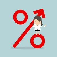 Businesswoman standing on percentage sign. Revenue growth. vector