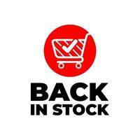 Back in stock sign, red banner with trolley on white background. vector