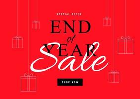 End of year sale poster or flyer design. Year end sale with gift box on red background. vector