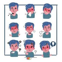 Symptoms set of a man getting sick. He is coughing, fatigue and suffering from chest pain. Coronavirus. vector