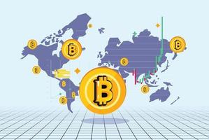 Bitcoin with world map in background. Cryptocurrency concept vector