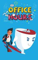 Businessman in a hurry checking time and running with big coffee cup cartoon character. vector