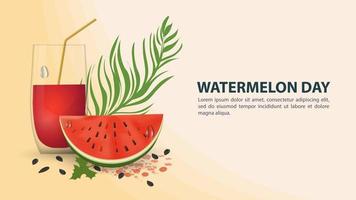 diseño del día de la sandía con vaso de jugo y fruta. vector