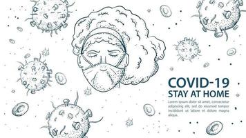 Cov id-19 moléculas de coronavirus permanecer en casa diseño de banner vector