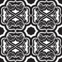 Vector seamless pattern of black geometric and floral elements on a white background.