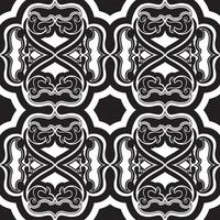 Vector seamless pattern of black geometric and floral elements on a white background.