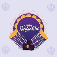 Purple illustration of happy vaisakhi with pujabi pagdi and dhol vector