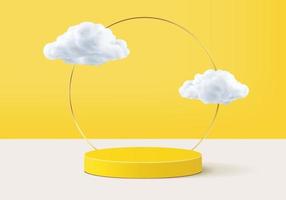 Background vector 3d yellow rendering with podium and minimal cloud scene, minimal product display background 3d rendered geometric shape cloud yellow pastel. Stage 3d render product in platform