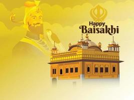 feliz vaisakhi con ilustración de gurú sikh y tample dorado vector