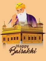 feliz vaisakhi con ilustración de gurú sikh y tample dorado vector