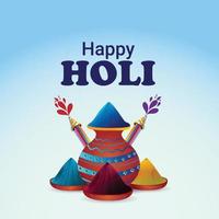 Happy holi celebration with color mud pot, color bowl and color background vector