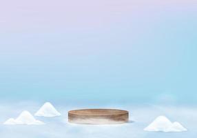 Falling christmas shining snow minimal scene with geometric platform. winter holidays ice snow background vector 3d rendering with wood podium. stand to show products. Stage Showcase on 3d blue pastel