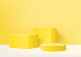 Cylinder abstract minimal scene with geometric platform. Summer background vector 3d rendering with podium. stand to show cosmetic products. Stage showcase on pedestal modern 3d studio yellow pastel