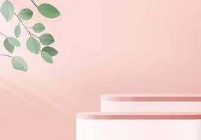 3d background products display podium scene with green leaf geometric platform. background vector 3d render with podium. stand to show cosmetic products. Stage showcase on pedestal display pink studio