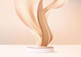 3d beige display product abstract minimal scene with liquid splash swirl on podium platform. cream fluid flow background vector render with podium. pedestal 3d beige for cosmetic products beauty.