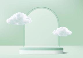 Background vector 3d green rendering with podium and minimal cloud scene, minimal product display background 3d rendered geometric shape sky cloud pastel. Stage 3d render product in platform