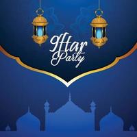 Iftar party concept background with golden lantern and dates vector