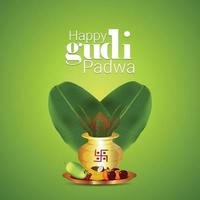 feliz tarjeta de felicitación de gudi padwa con kalash creativo y hojas de plátano vector