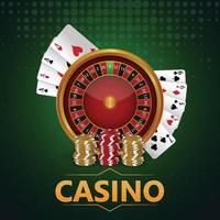 Online casino golden coin colorful chips, playing cards and background vector