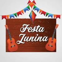 Vector illustration of festa junina background with colorful party flag with guitar