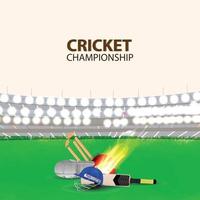 Cricket tournament with creative equipment of cricket with stadium background vector