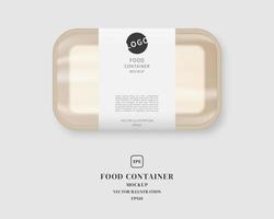 Food container mockup with label. Food tray with blank paper. Mockup vector isolated. Template design. Realistic vector illustration.