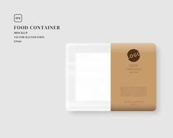 Food container mockup with label. Food tray with blank paper. Mockup vector isolated. Template design. Realistic vector illustration.