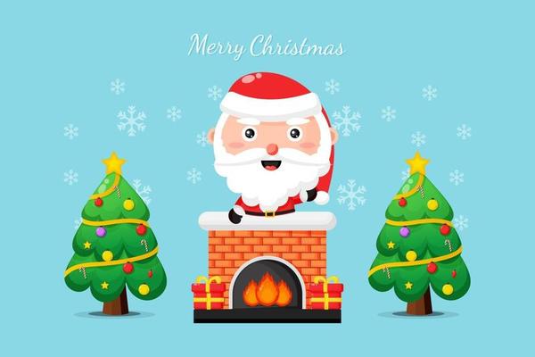 Cute Santa on the chimney wish you a Merry Christmas