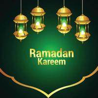 Ramadan kareem or eid mubarak on green background with arabic pattern and lantern vector