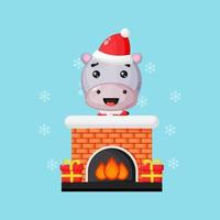Cute hippo on the Christmas Chimney Fireplace vector