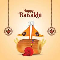 Happy vaisakhi celebration background with realistic drum and sikh flag vector