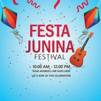 Ilustración vectorial de fondo festa junina con guitarra creativa y linterna de papel de colores vector