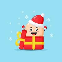 Cute chicken egg mascot in a gift box wearing a Christmas hat vector