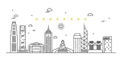 Hong Kong city. Modern flat line landscape vector. City line art illustration with building, tower, skyscrapers. Vector illustration.