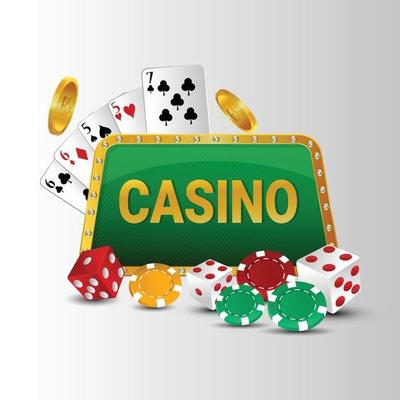 Casino online game with creative dice and poker chips on white background