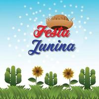 Festa junina vector illustration with guitar, colorful party flag and paper lantern