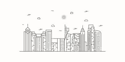 City landscape line art vector. Thin line city landscape with building, clouds, sun. Vector illustration.