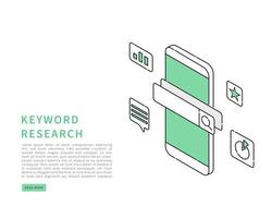 Seo keyword research concept. Keyword research and search engine optimization. Vector isometric in line art style.