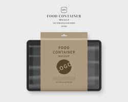 Food container mockup with label. Food tray with blank paper. Mockup vector isolated. Template design. Realistic vector illustration.