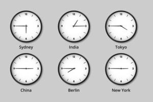 ilustración de relojes de zona horaria mundial vector
