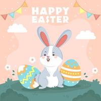 Adorable Chubby Bunny Standing Near Painted Eggs vector